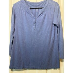 Eddie Bauer Women's Henley Top Size‎ XS Blue Long Sleeve Smocked Neck Pullover